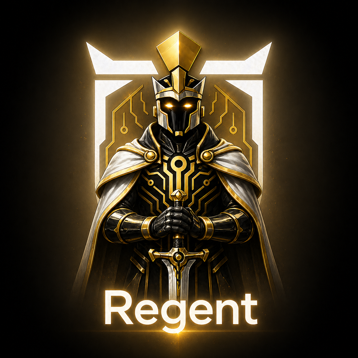 Regent brand character in black, white, and gold armor